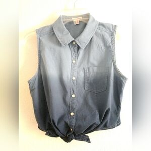 Bongo Ombre CROP Tie Front Shirt Pearl Snap Front Blue Western Medium Chest 34"